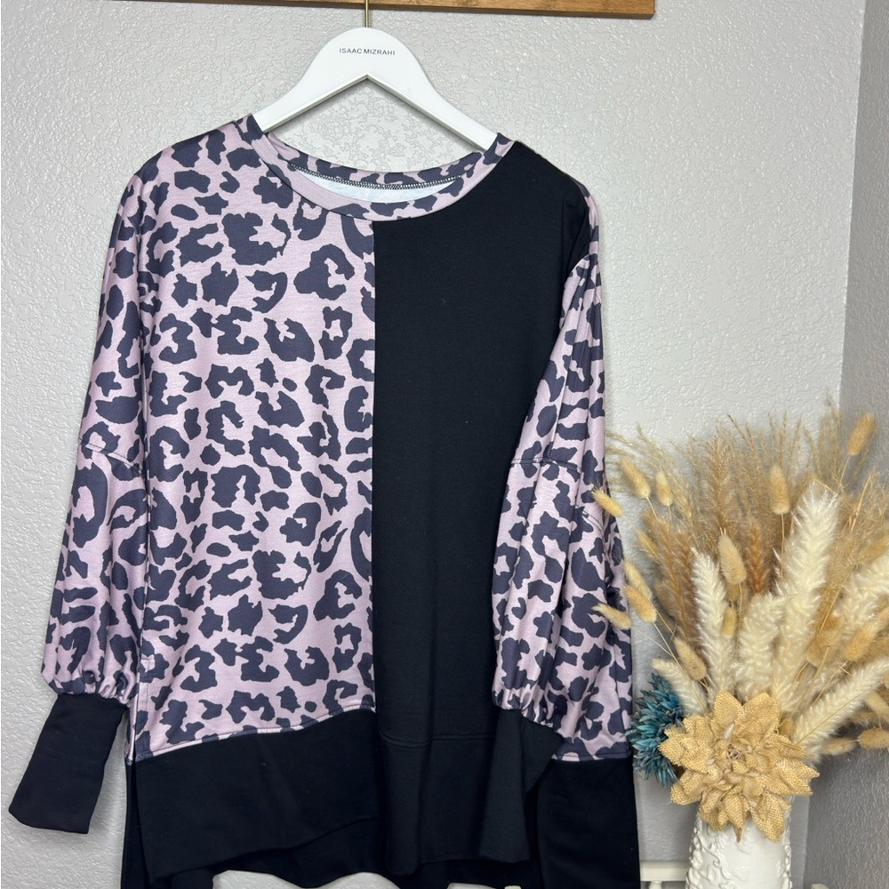 Oversized Leopard Print and Black Colorblock Top